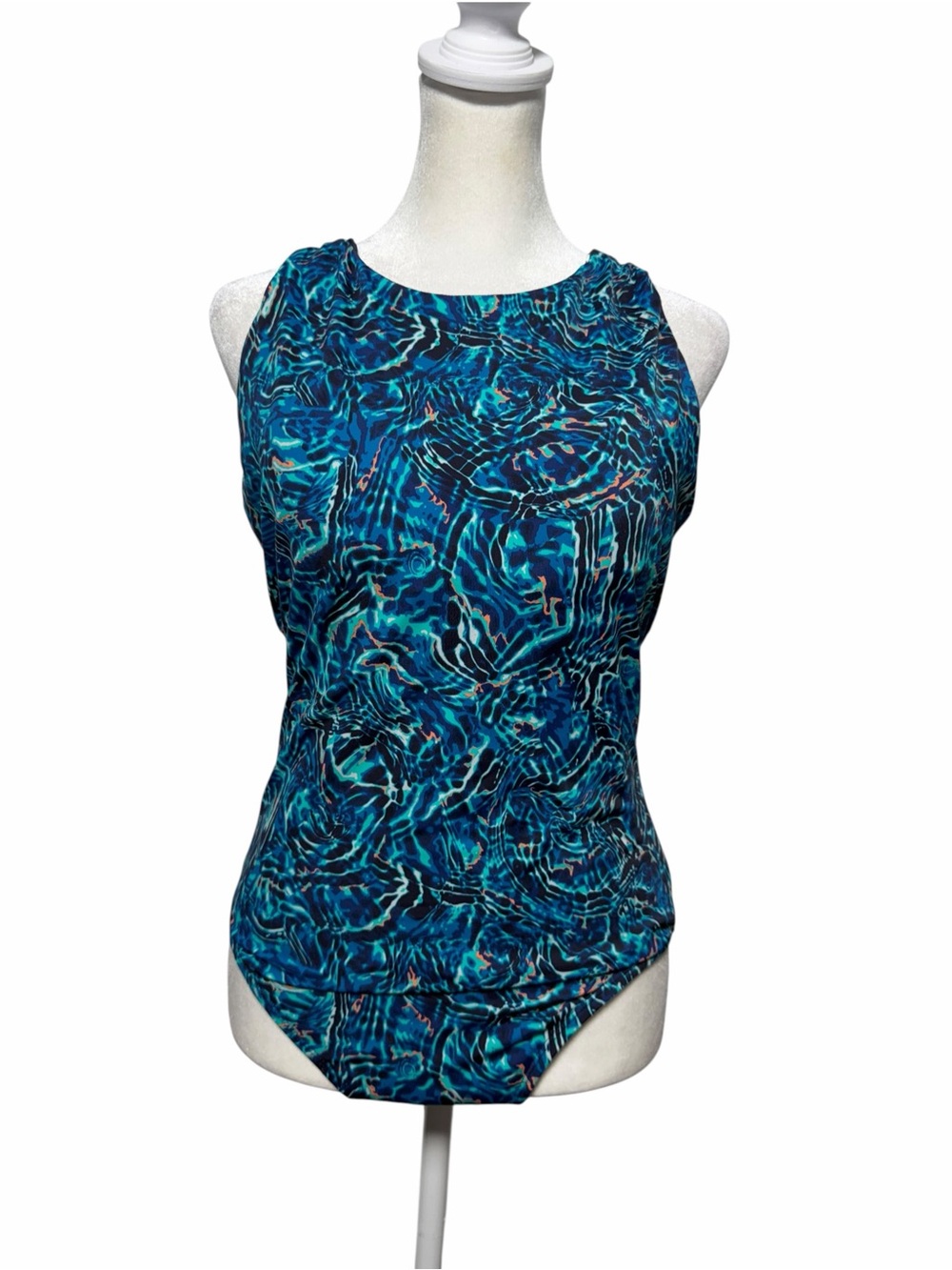 TYR Crossback Cutout One Piece Swimsuit Blue Teal Abstract Print Size L
